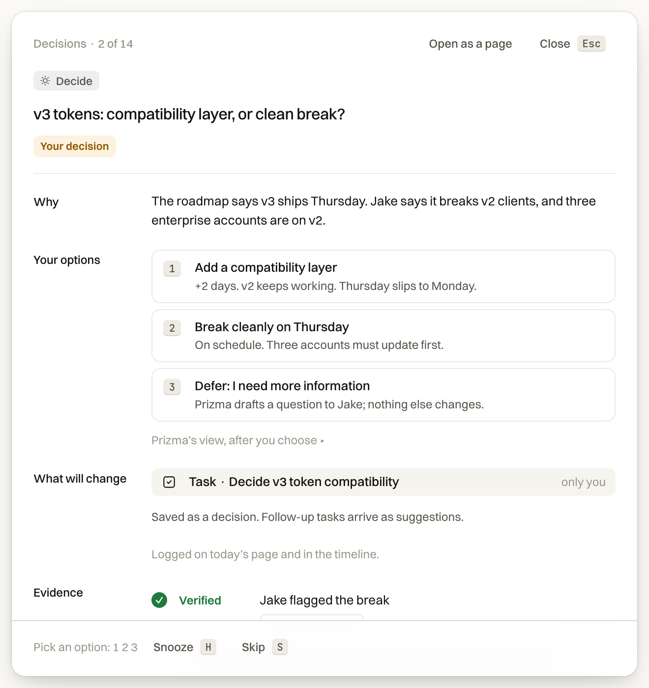 The Review page with a decision open: compatibility layer or clean break, with three numbered options and the evidence underneath.