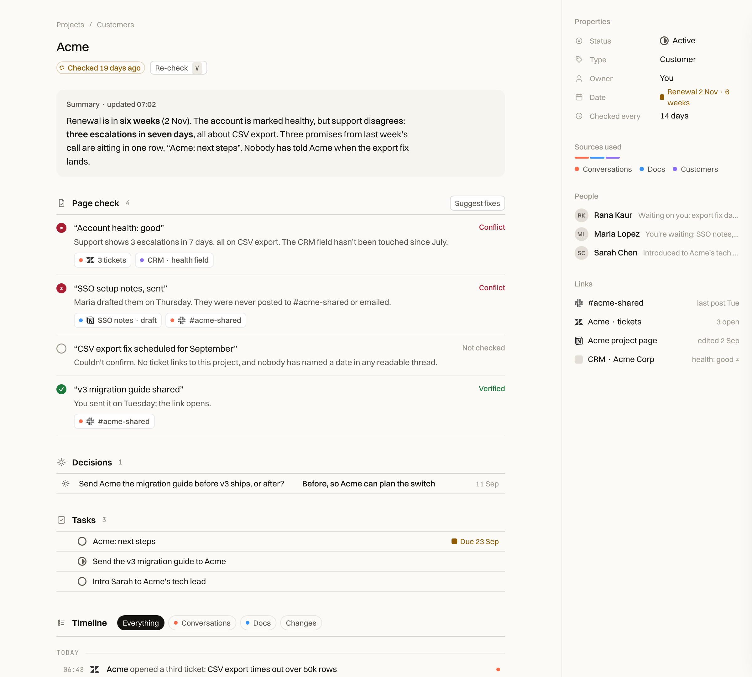 A project page. A pinned summary written by Prizma, then four statements from the project page, each checked: two don't match, one not checked, one matches. Below, the decisions taken on the project.
