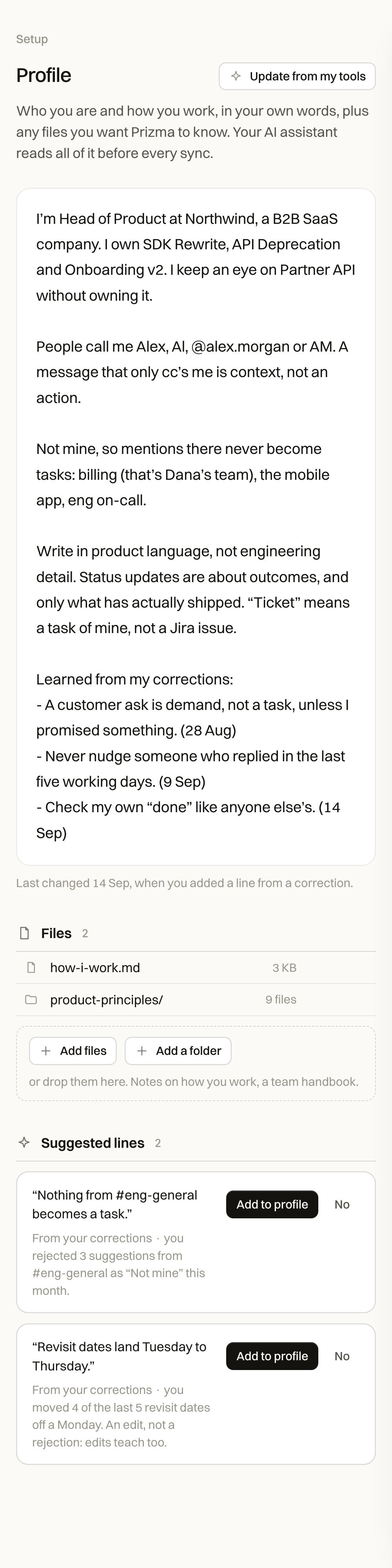 Two suggested lines for the profile, each based on a pattern in the user's corrections, with an Add to profile button.