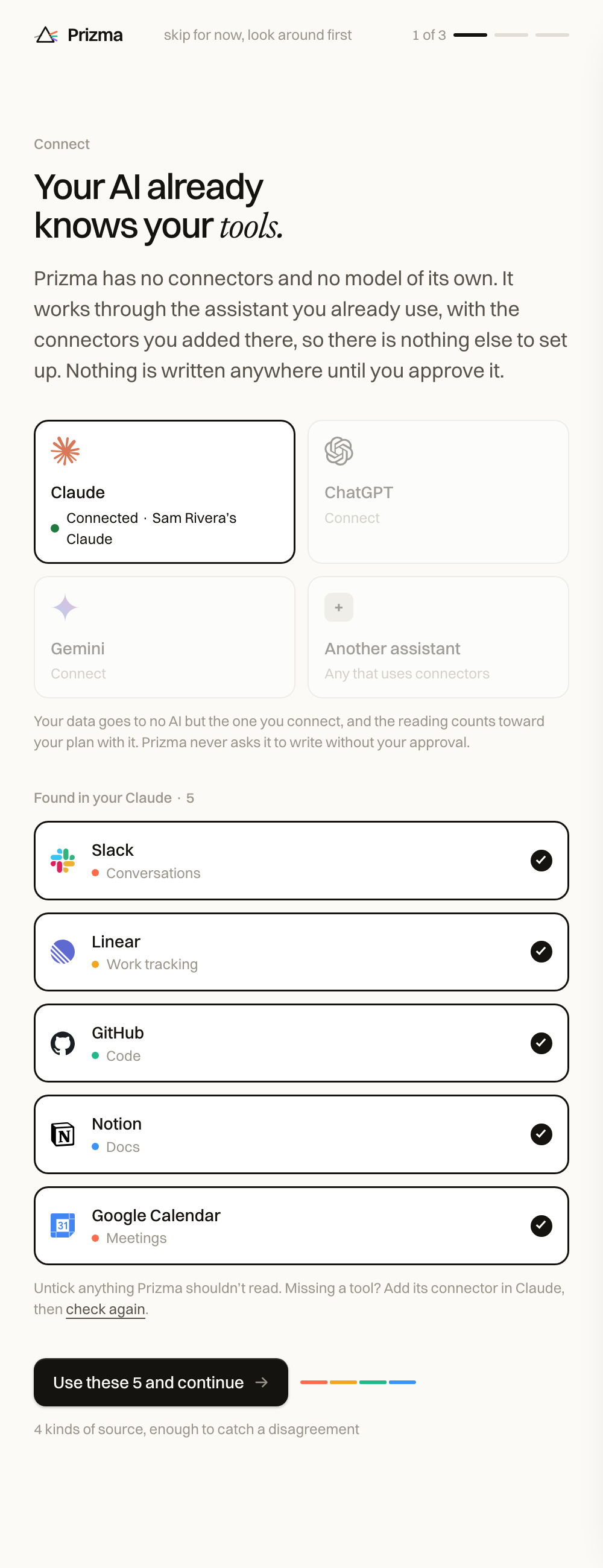 Setup, step one: Claude, ChatGPT and Gemini to choose from, Claude connected, and the five tools found in it: Slack, Linear, GitHub, Notion and Google Calendar, each ticked.