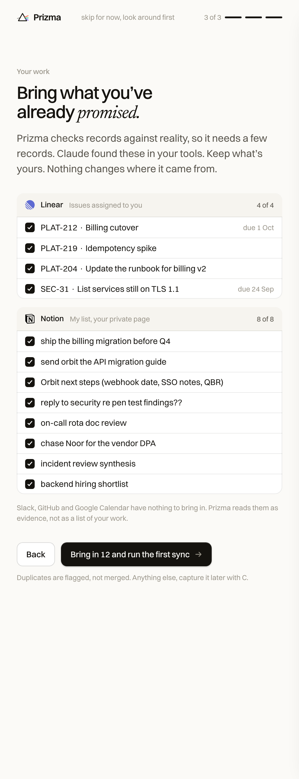 Setup, step three: the issues assigned to the user in Linear and the lines of a personal list in Notion, each with a checkbox, ready to bring in.